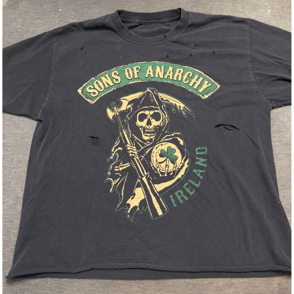 Sons of Anarchy Ireland Graphic T-Shirt Black Distressed Cropped Biker SOA Tee